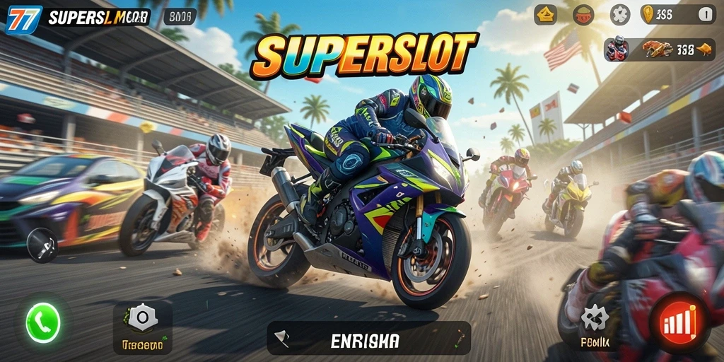 Gameplay seru di 77SUPERSLOT saat balapan motor.