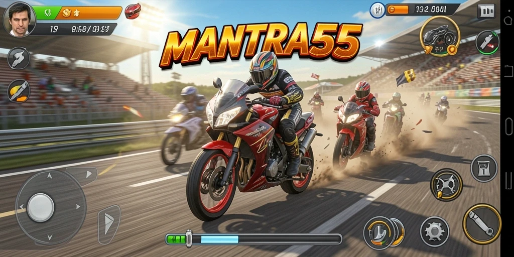 Tampilan balapan seru di MANTRA55 dengan motor cepat dan trek menantang.
