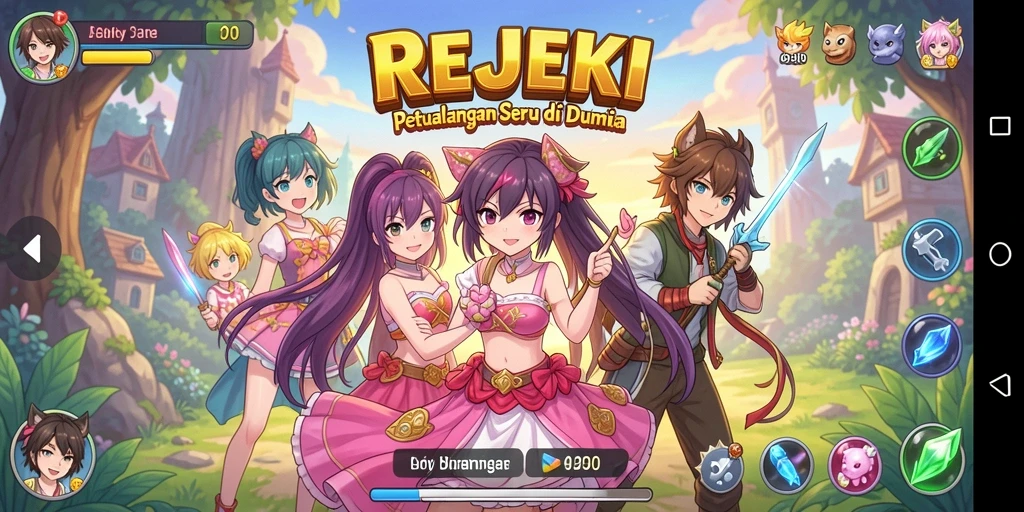 Tampilan gameplay seru dari REJEKI dengan karakter anime ikonik.