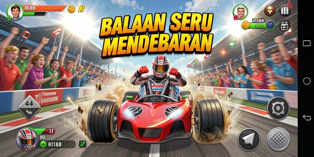 Gameplay Racing seru di RI188 dengan mobil cepat dan trek menantang.