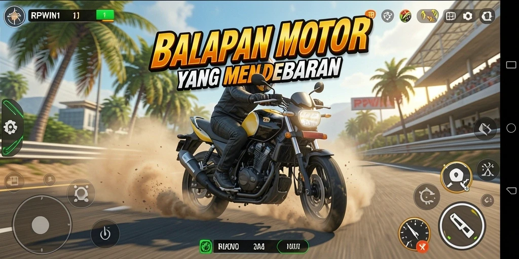Screenshot utama RPWIN1 menampilkan aksi balapan motor yang mendebarkan.