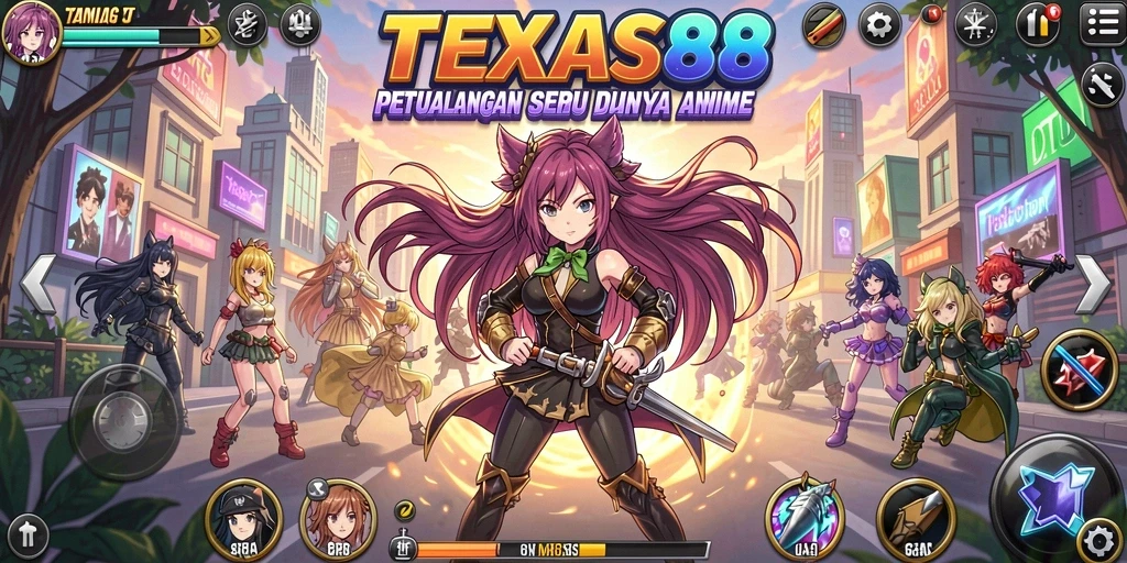 Screenshot utama TEXAS88 menampilkan karakter anime dalam aksi seru.